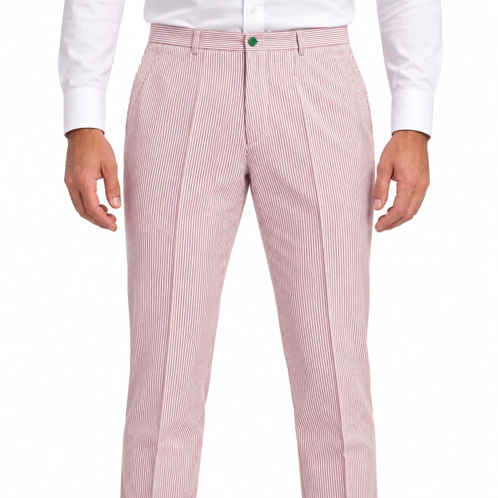 Mens 36 Red White Striped Seersucker Cotton Slim Fit Flat Front Dress Trousers
